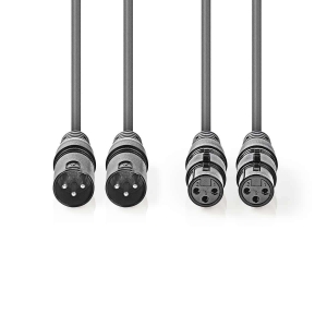 Nedis Balansoitu XLR-Audiokaapeli | 2 x XLR, 3-Nastainen Uros – 2 x XLR, 3-Nastainen Naaras | 1,5 m | Harmaa