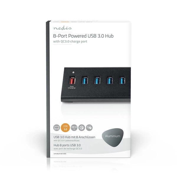 Nedis USB-Keskitin | 8-Porttinen | USB 3.0 -Virransyöttö | QC3.0 | 5 Gbit/s