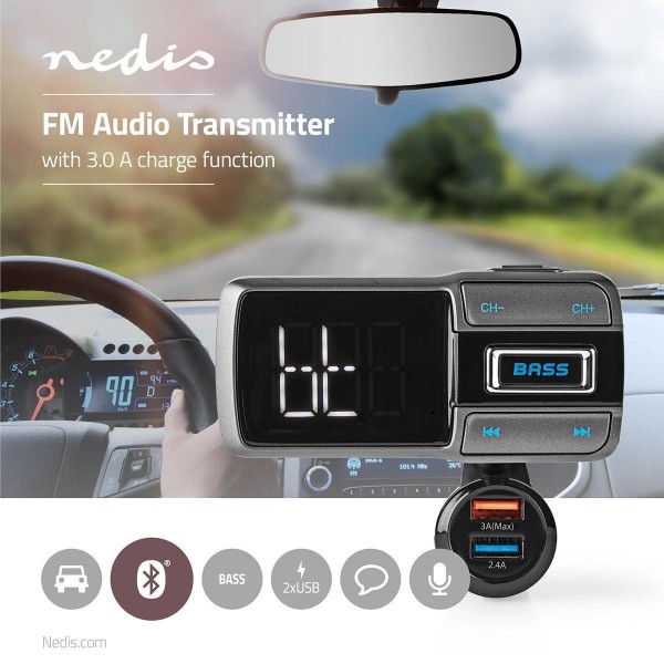 Nedis Auton FM-Lähetin | Bluetooth® | Bass Boost | MicroSD-Korttipaikka | Handsfree-Puhelut | Ääniohjaus | 3,0 A / 2,4 A