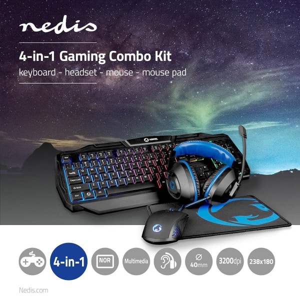 Nedis Gaming Combo Kit | 4-in-1 | Näppäimistö, kuulokkeet, hiiri ja hiiri