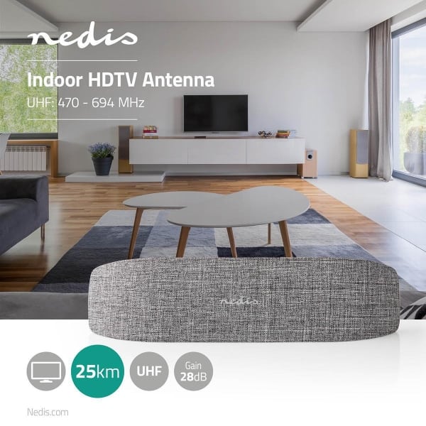 Nedis HDTV-Antenni Sisäkäyttöön | 0–25 km | Vahvistus 28 dB | UHF | Harmaa