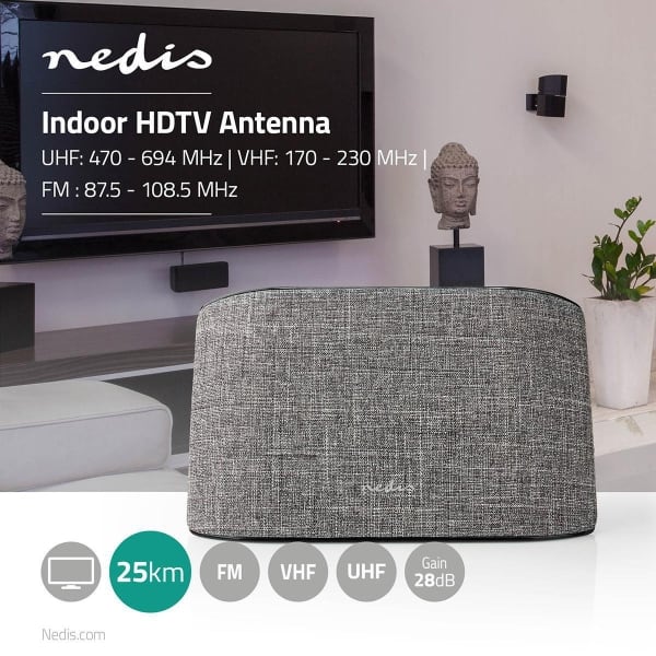 Nedis HDTV-Antenni Sisäkäyttöön | 0–25 km | Vahvistus 28 dB | FM/VHF/UHF | Harmaa