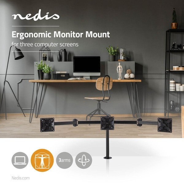 Nedis Ergonomic Monitor Mount | Triple Monitor Arm | Full Motion | Black
