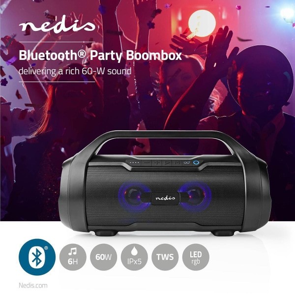 Nedis Party Boombox | 6 Tunnin Toistoaika | Bluetooth® | TWS | Juhlavalot | Musta