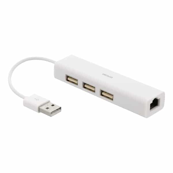 DELTACO USB-hubi ja -verkkosovitin, 100Mbps, 3xUSB, valkoinen | USB2-LAN3