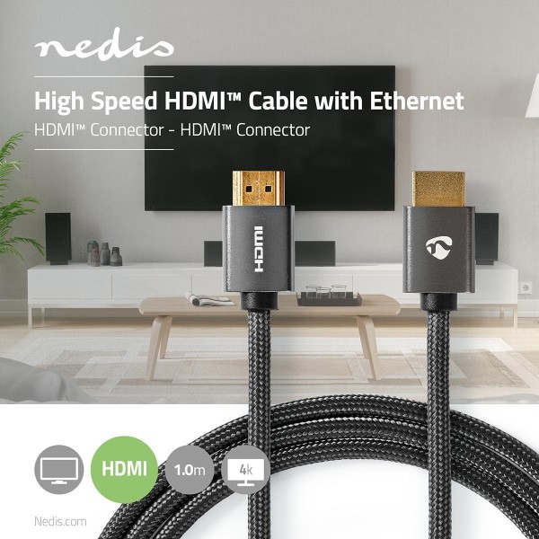 Nedis High Speed HDMI-Kaapeli, jossa Ethernet | HDMI™-Liitin - HDMI™-Liitin | Tykkimetallin Harmaa | Punospäällysteinen Kaapeli | 1m