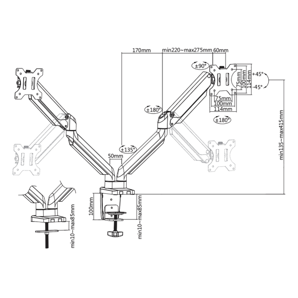 DELTACO Office 2-osainen näyttövarsi, 17"-32", 1,5-8kg, 75x75-100x100 | ARM-0351