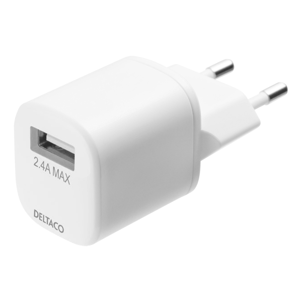 DELTACO USB wall charger, USB-A, 2,4 A, incl. 1 m USB-A to Lightning | USB-AC181