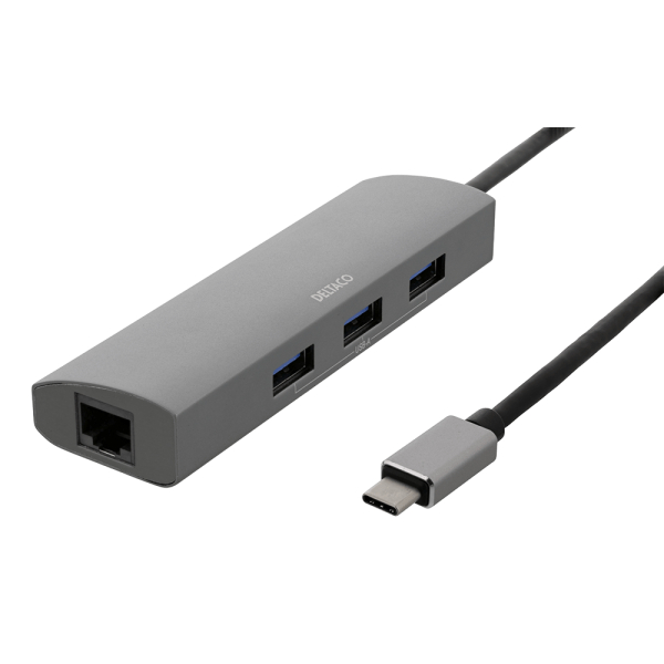 DELTACO USB-C Hub and Network Adapter, USB-C ha, RJ45 ho, 3xUSB-A 3.0, | USBC-1294