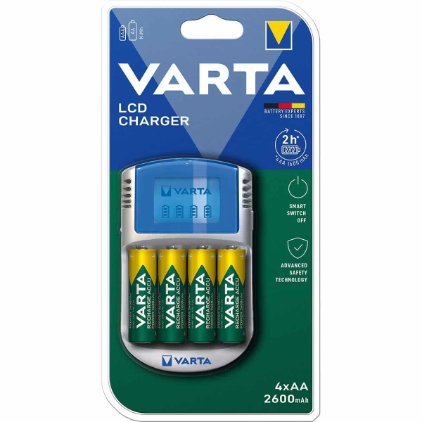 Varta NiMH akkulaturi AA / AAA | 1.2 VDC | 4x AA/HR6 2600 mAh | Trickle-lataus | Euro / Tyyppi-C (CEE 7/16) | Turvaominaisuudet: Minus Delta V / Turvallisuusajastin / Ylikuumenemissuoja | Akun tyyppi: AA / AAA