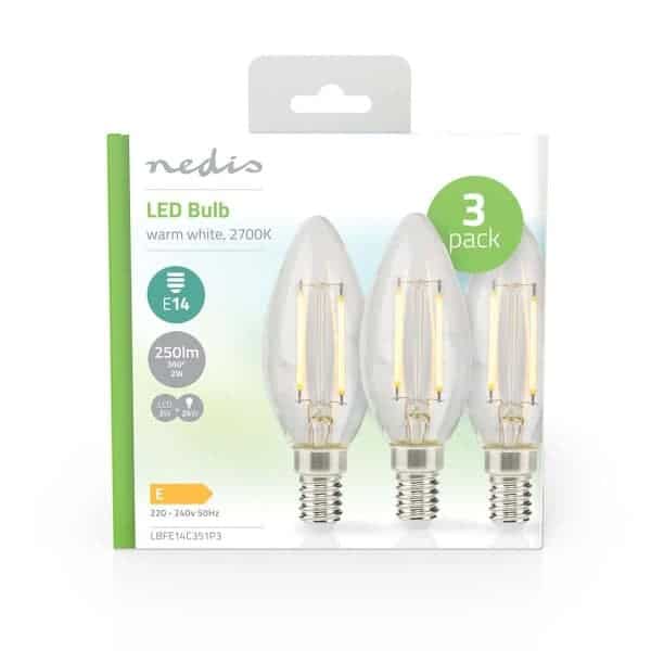 Nedis LED-lamppu E14 | Kynttilä | 2 W | 250 lm | 2700 K | Lämmin Valkoinen | 3 kpl | Kirkas