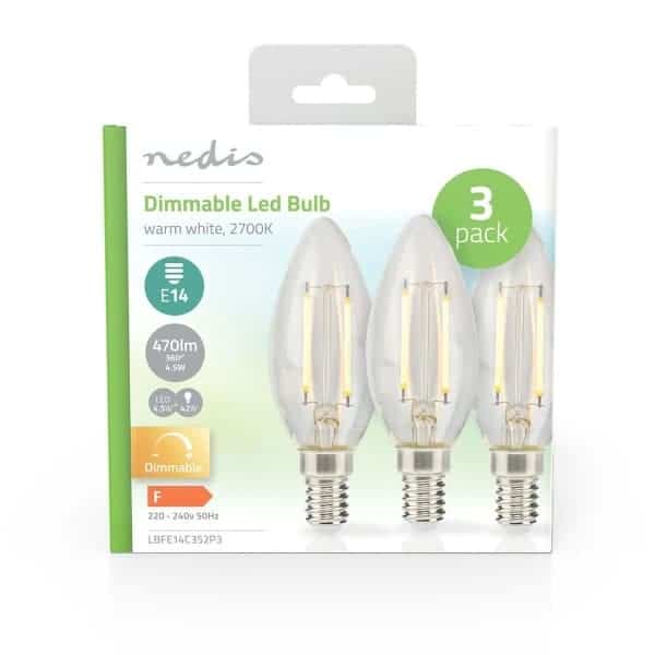 Nedis LED-lamppu E14 | Kynttilä | 4.5 W | 470 lm | 2700 K | Himmennettävä | Lämmin Valkoinen | 3 kpl | Kirkas