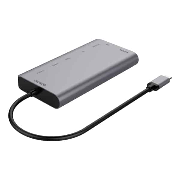 DELTACO USB-C-telakointiasema, HDMI/DP/RJ45/2xUSB-A/SD PD 3.0, harmaa | USBC-HDMI19