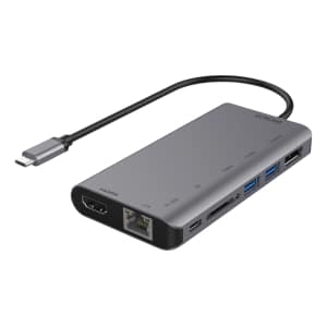 DELTACO USB-C-telakointiasema, HDMI/DP/RJ45/2xUSB-A/SD PD 3.0, harmaa | USBC-HDMI19